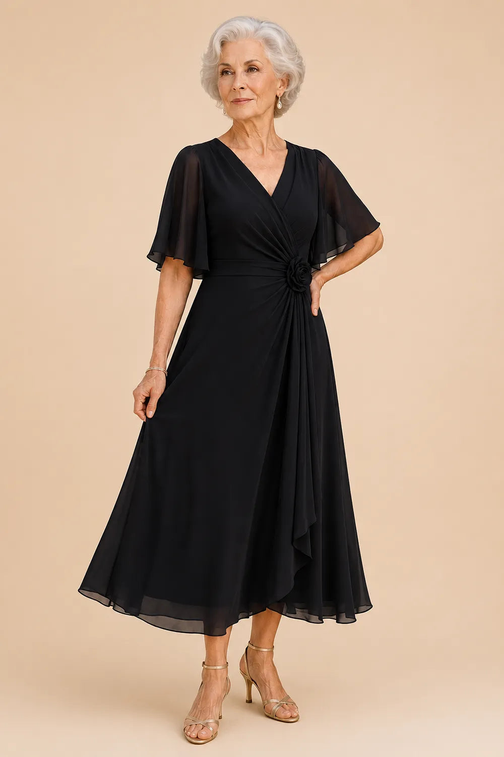 Flutter Sleeve Ruched A-Line Formal Dress