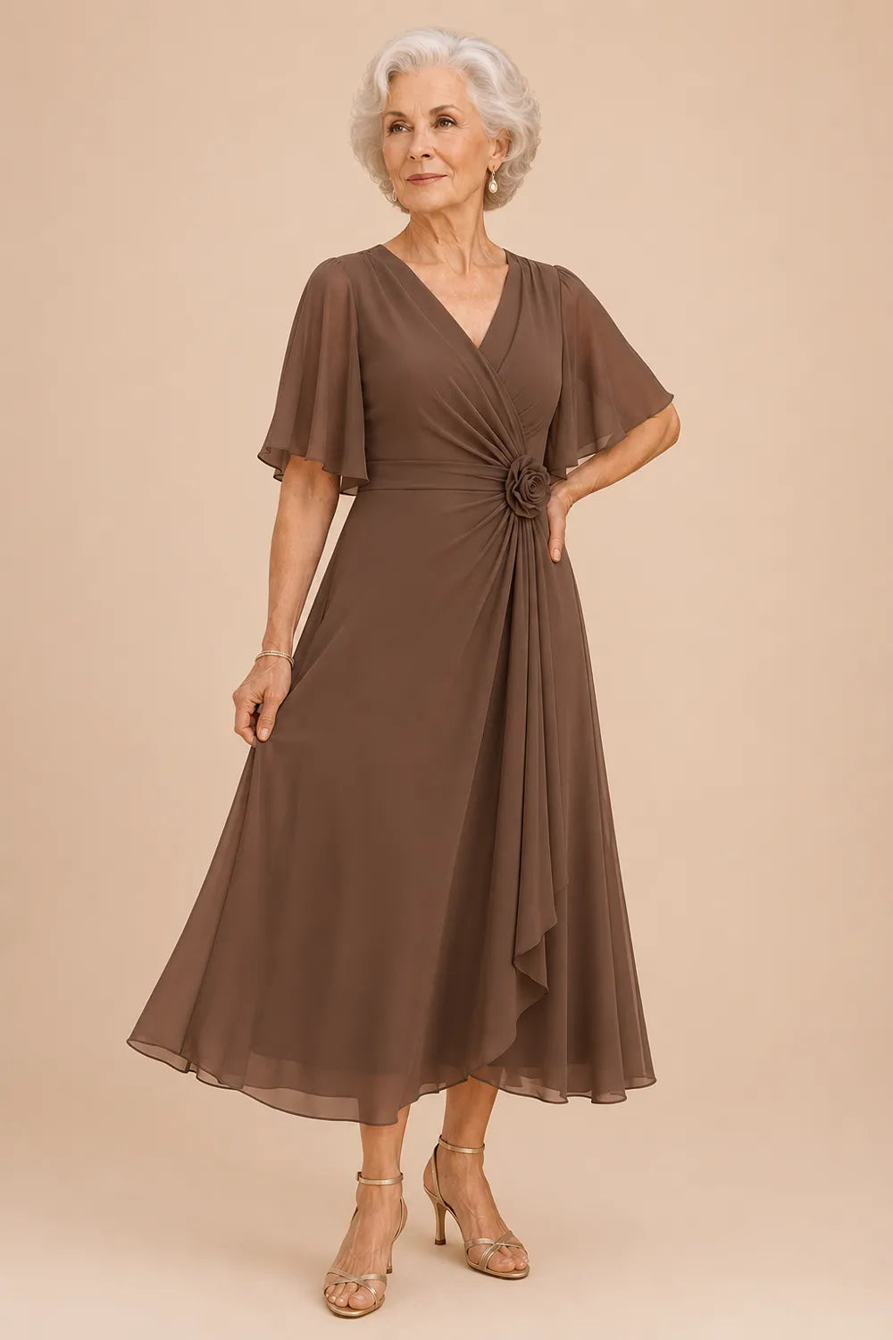 Flutter Sleeve Ruched A-Line Formal Dress