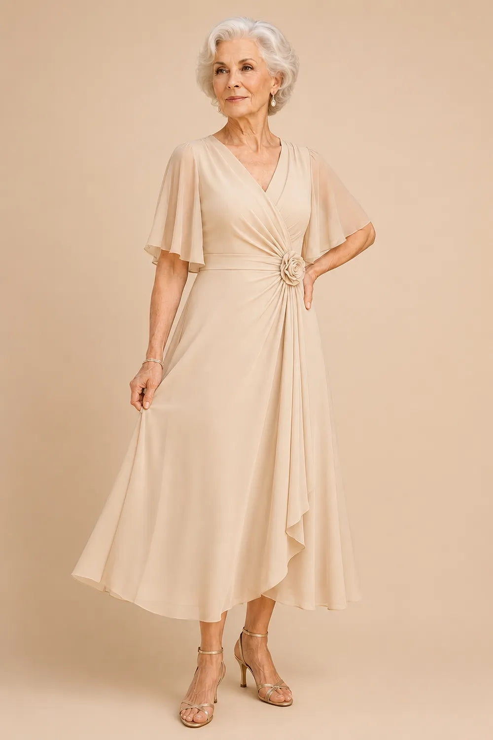 Flutter Sleeve Ruched A-Line Formal Dress