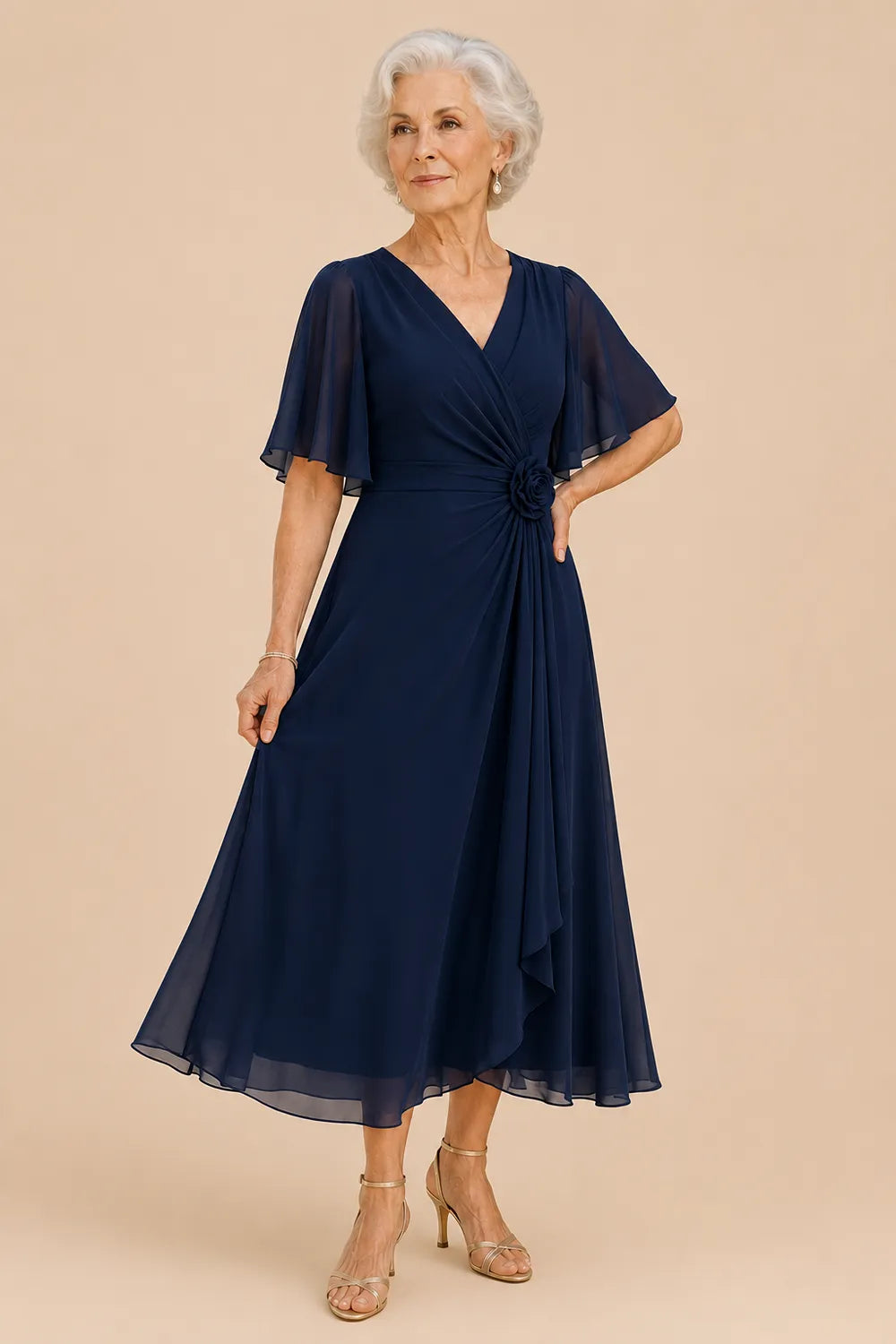Flutter Sleeve Ruched A-Line Formal Dress