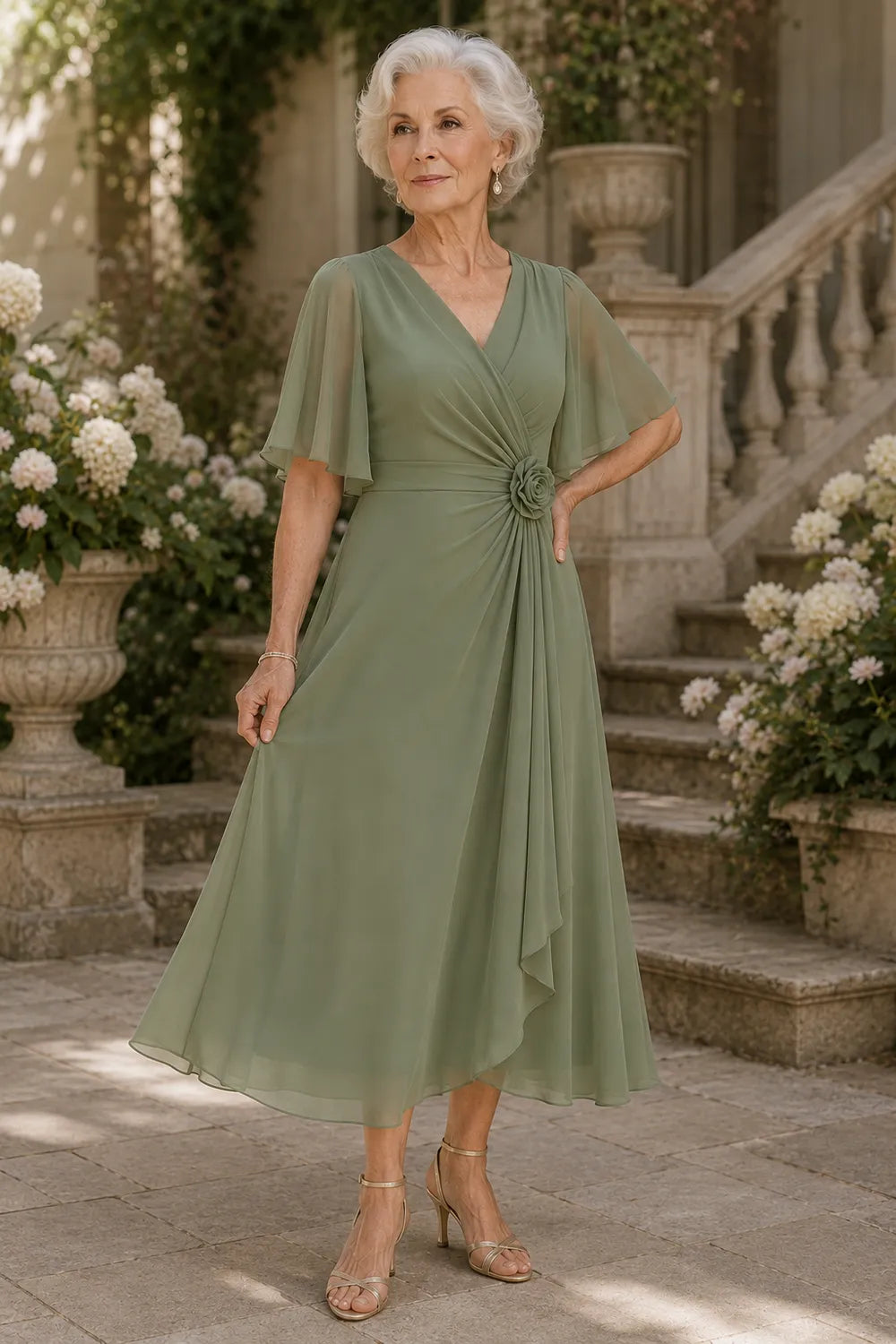 Flutter Sleeve Ruched A-Line Formal Dress