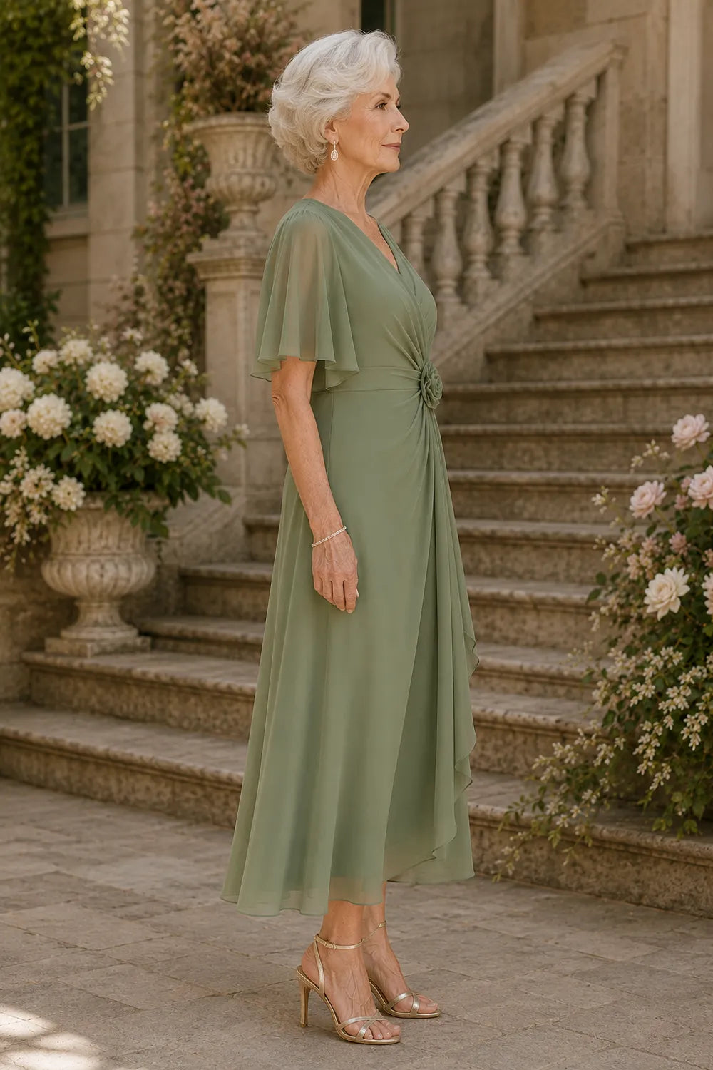 Flutter Sleeve Ruched A-Line Formal Dress