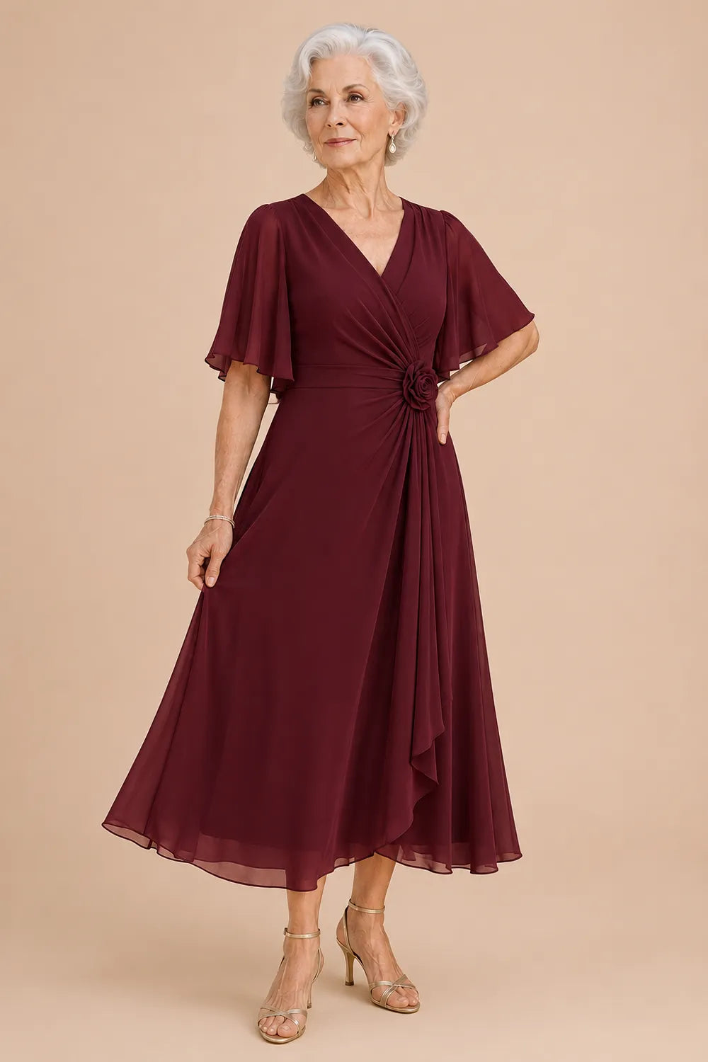 Flutter Sleeve Ruched A-Line Formal Dress