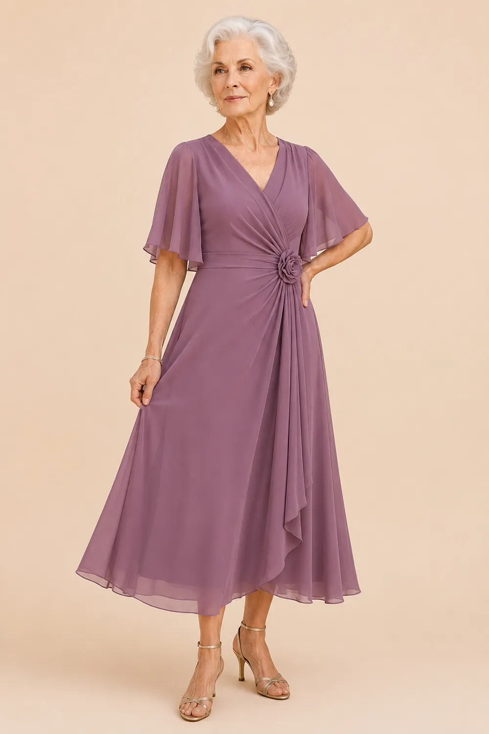 Flutter Sleeve Ruched A-Line Formal Dress