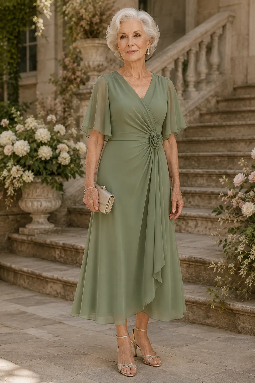 Flutter Sleeve Ruched A-Line Formal Dress
