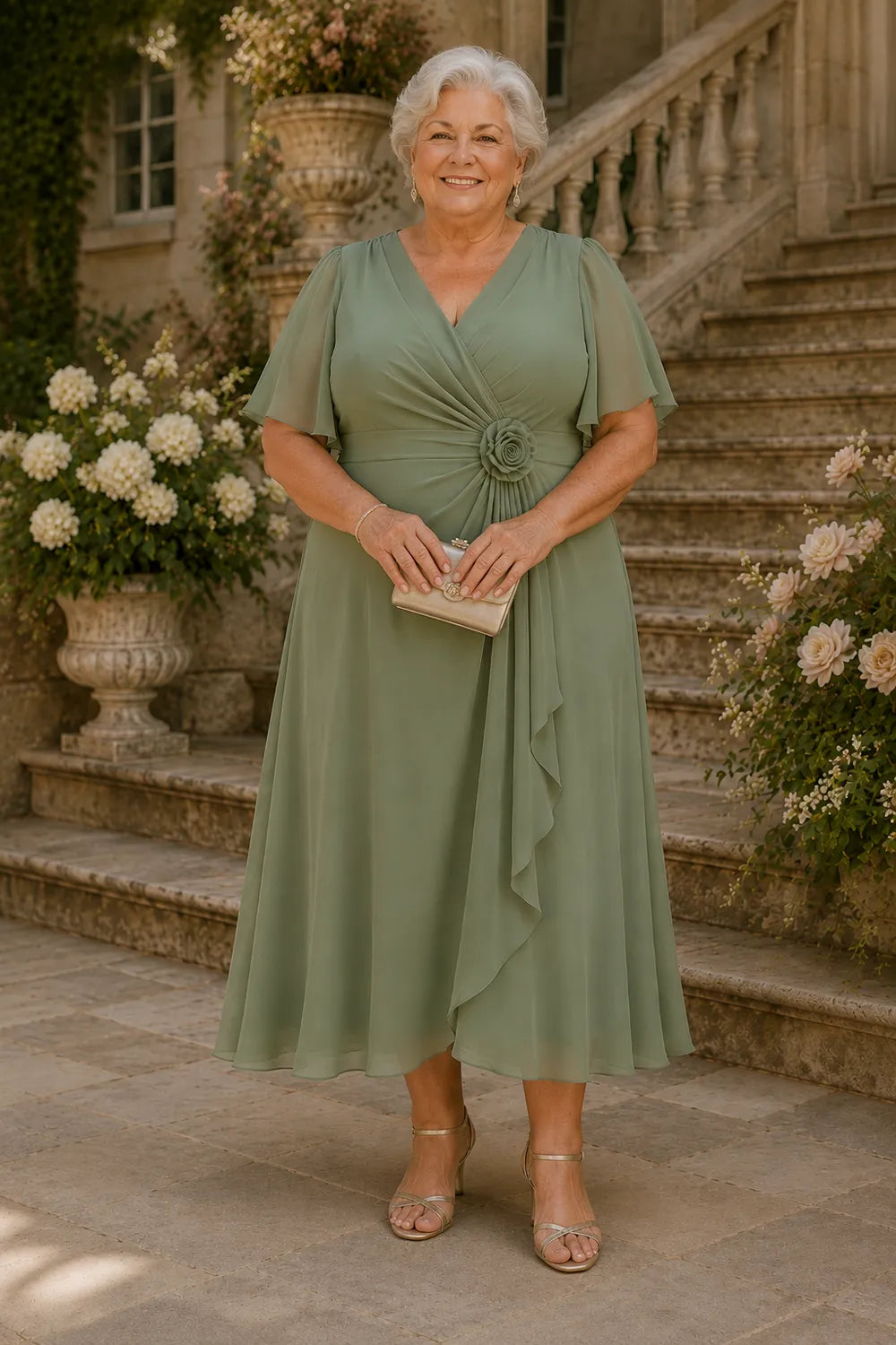 Flutter Sleeve Ruched A-Line Formal Dress