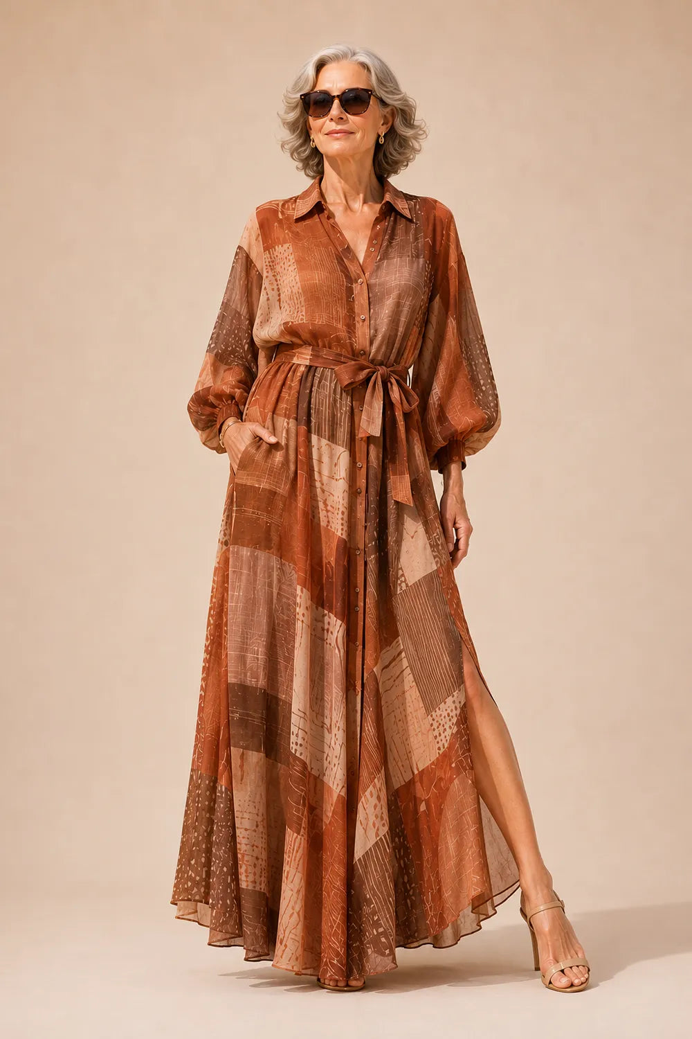 Belted Printed Maxi Shirt Dress