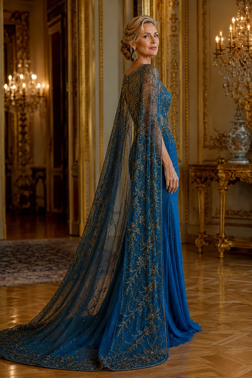 Royal Blue Evening Gown with Cape and Gold Beading
