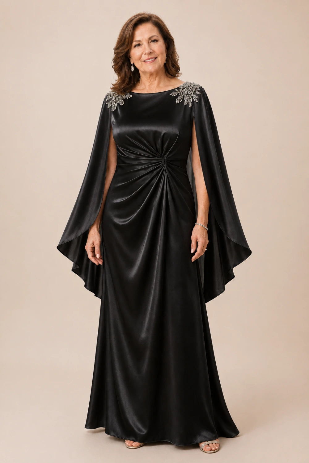 Ruched Satin Maxi Dress with Flowing Cape Sleeves