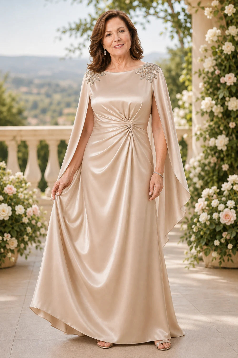 Ruched Satin Maxi Dress with Flowing Cape Sleeves