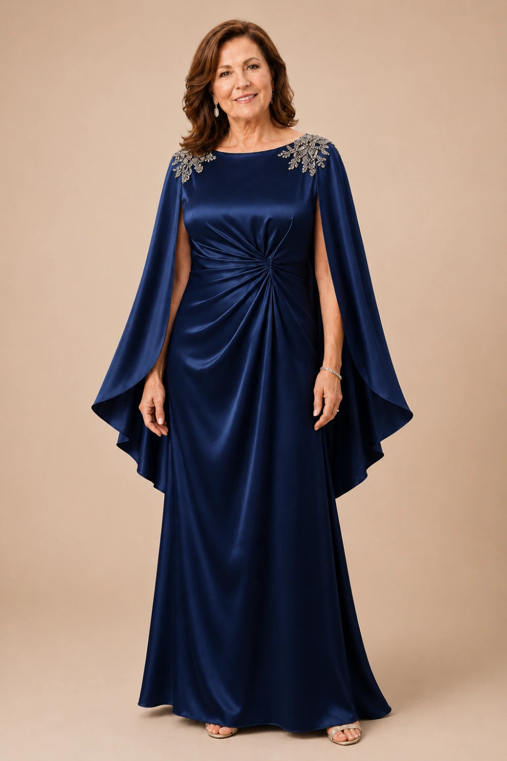 Ruched Satin Maxi Dress with Flowing Cape Sleeves