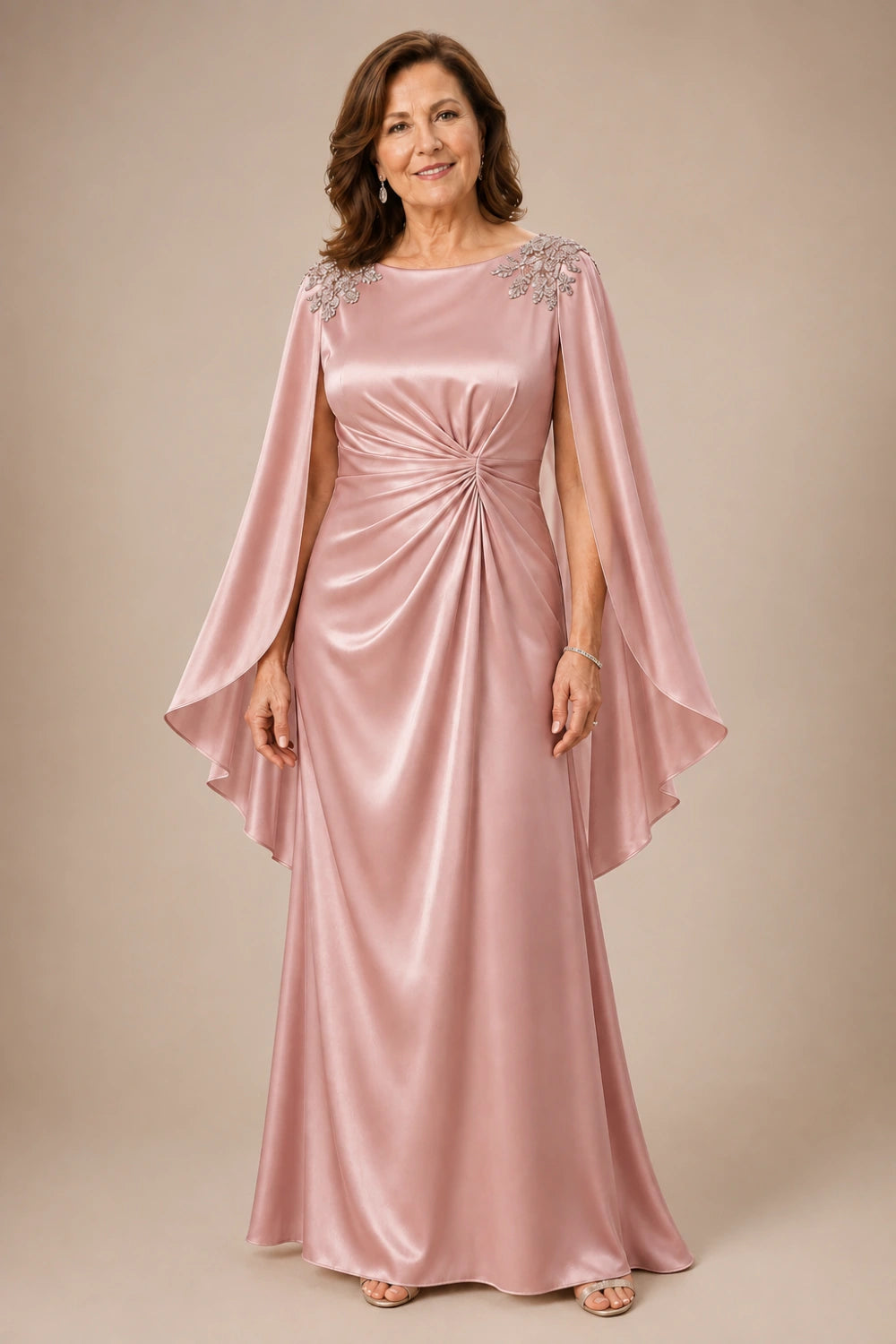 Ruched Satin Maxi Dress with Flowing Cape Sleeves