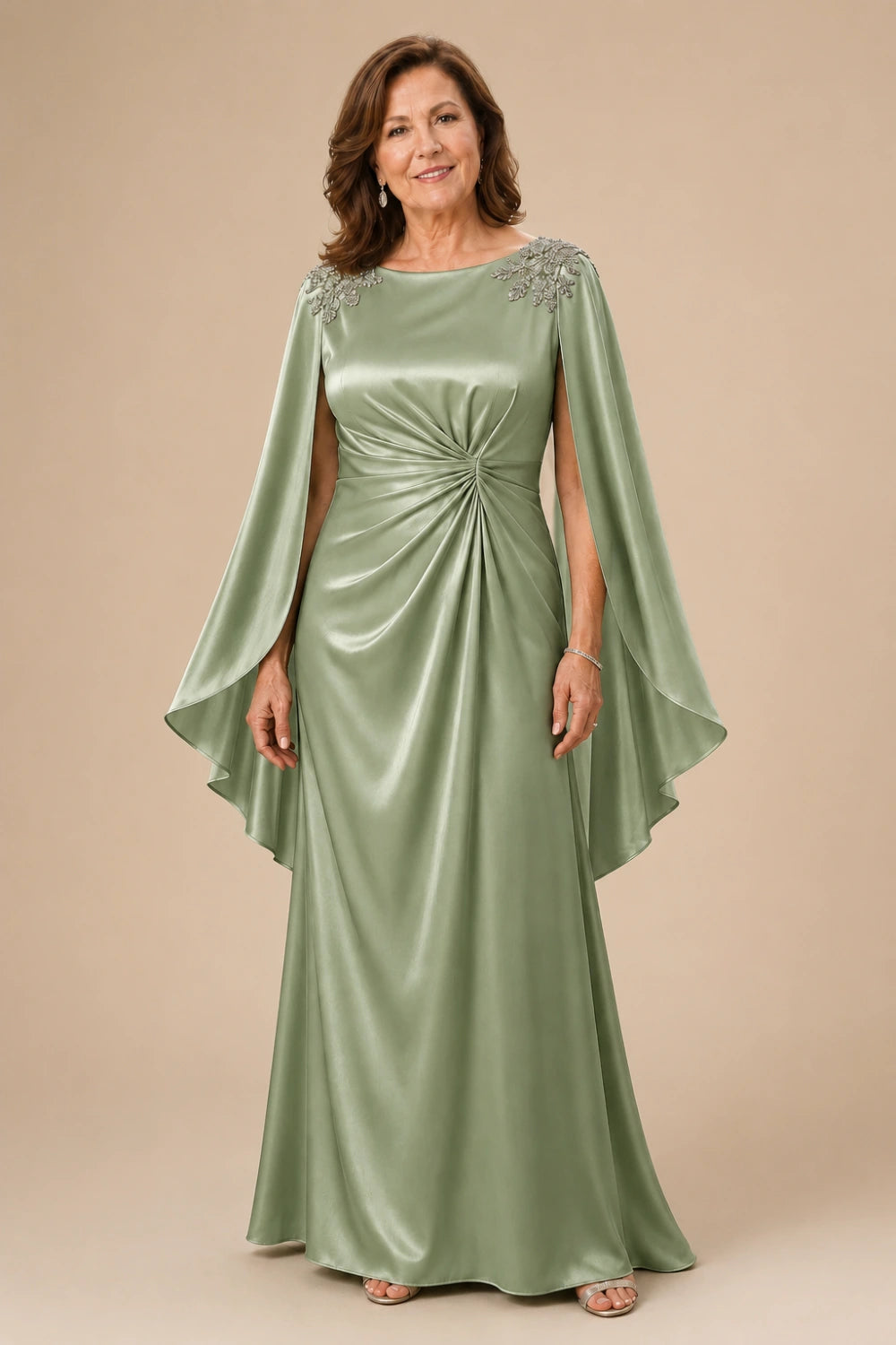 Ruched Satin Maxi Dress with Flowing Cape Sleeves