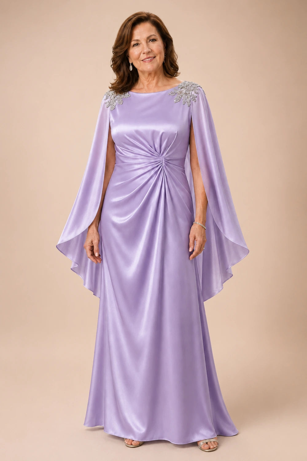 Ruched Satin Maxi Dress with Flowing Cape Sleeves