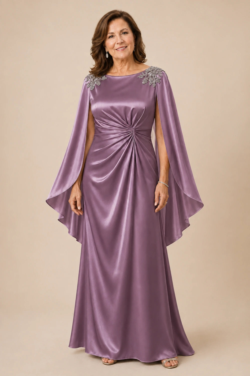 Ruched Satin Maxi Dress with Flowing Cape Sleeves