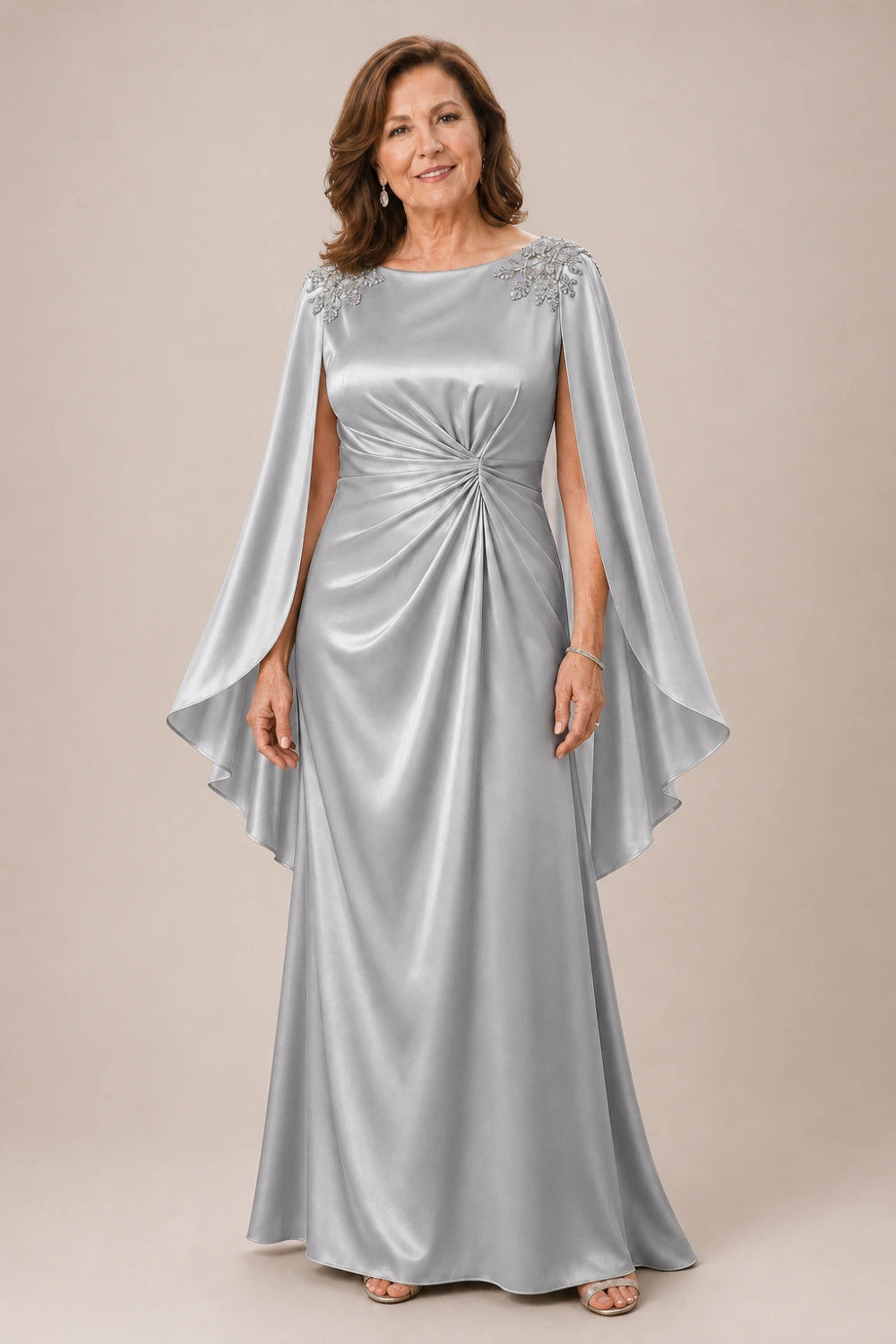 Ruched Satin Maxi Dress with Flowing Cape Sleeves
