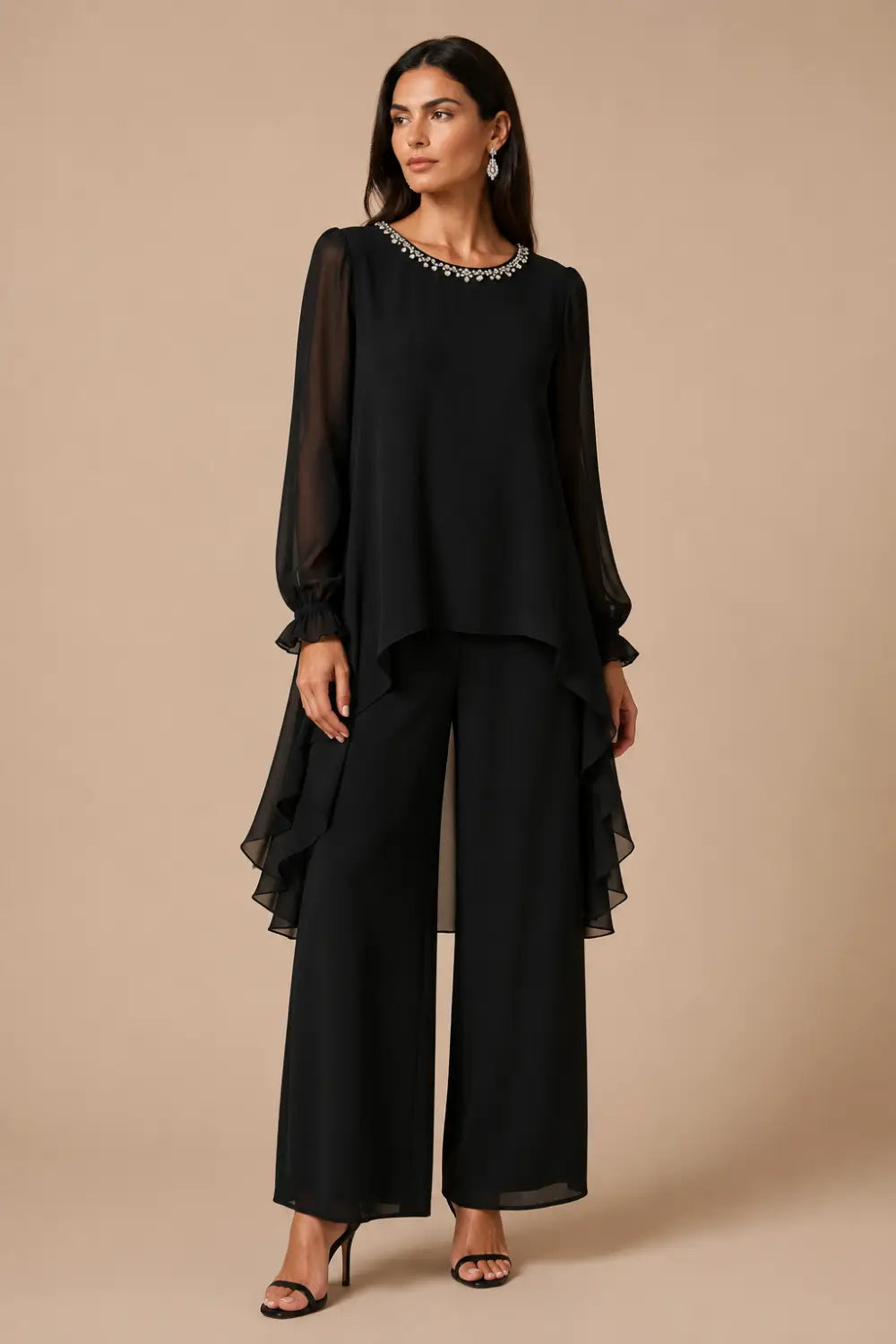 Ruffled Chiffon Capelet Pant Suit with Wide-Leg Pants