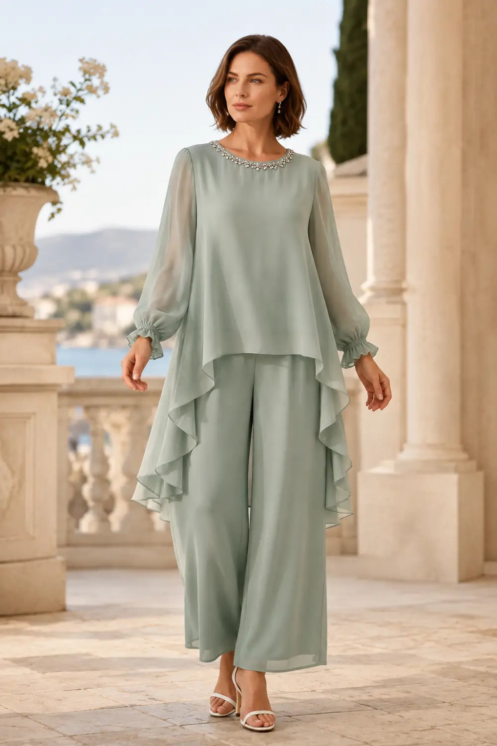 Ruffled Chiffon Capelet Pant Suit with Wide-Leg Pants