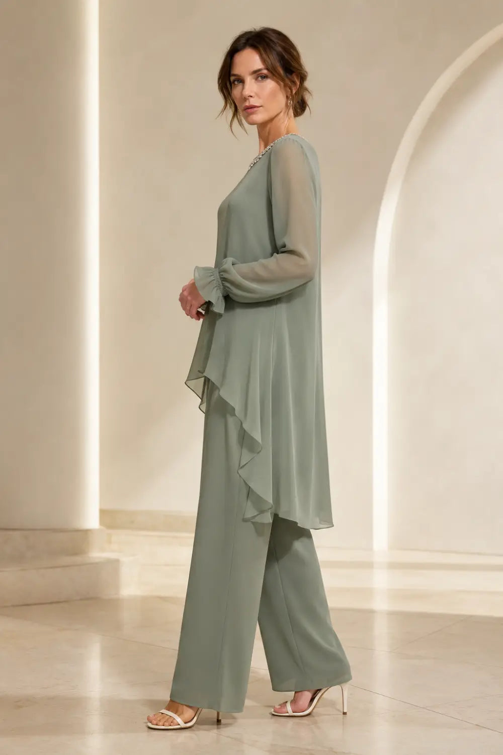Ruffled Chiffon Capelet Pant Suit with Wide-Leg Pants
