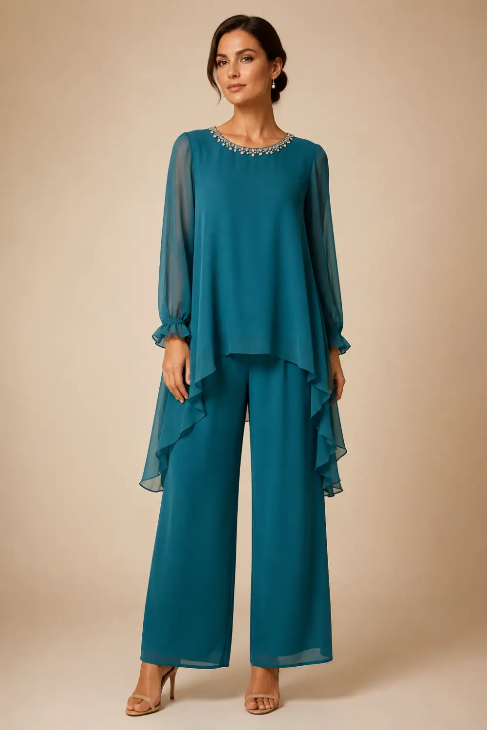 Ruffled Chiffon Capelet Pant Suit with Wide-Leg Pants
