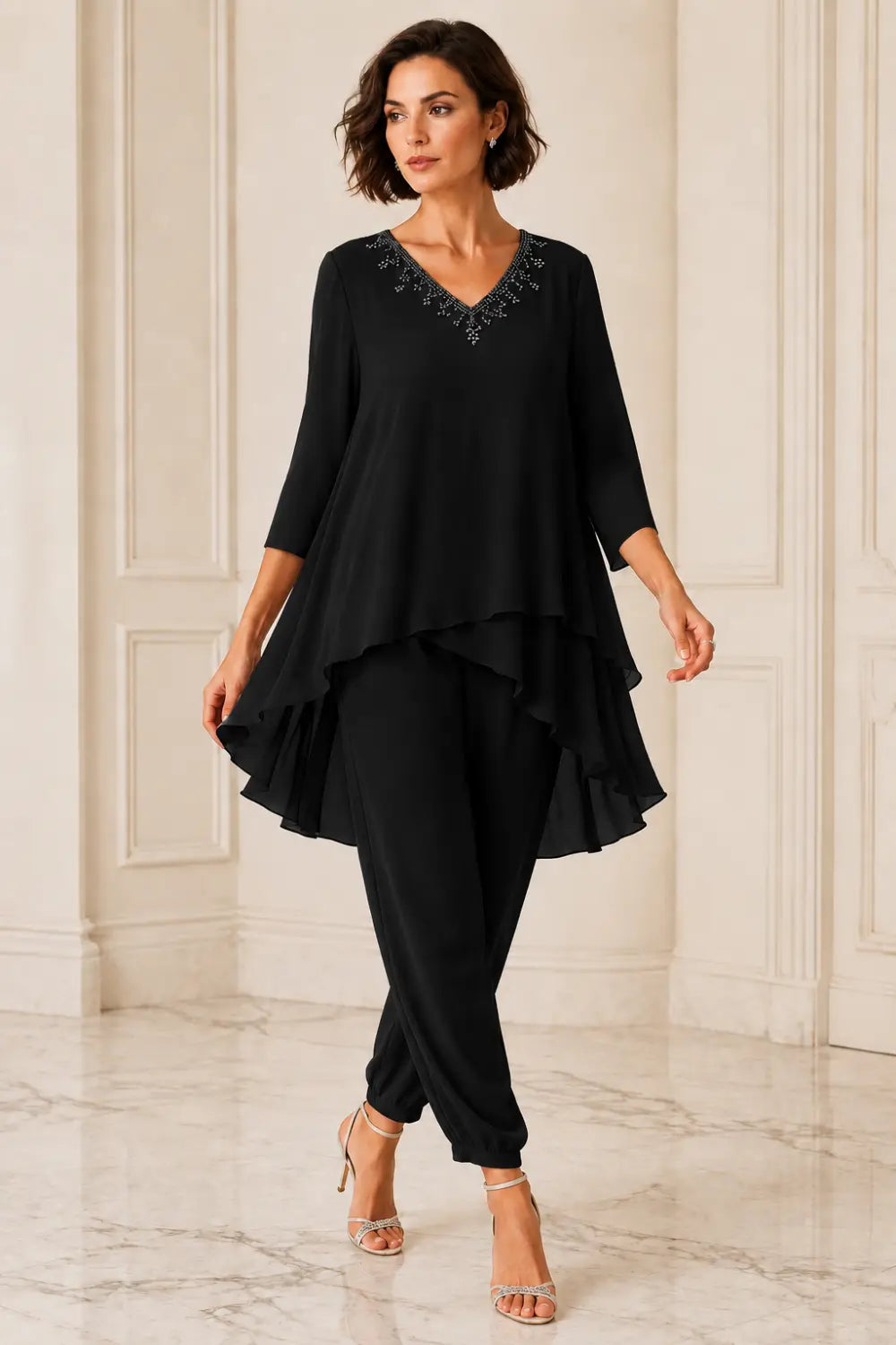 Ruffled Layered Chiffon Capelet Pant Suit