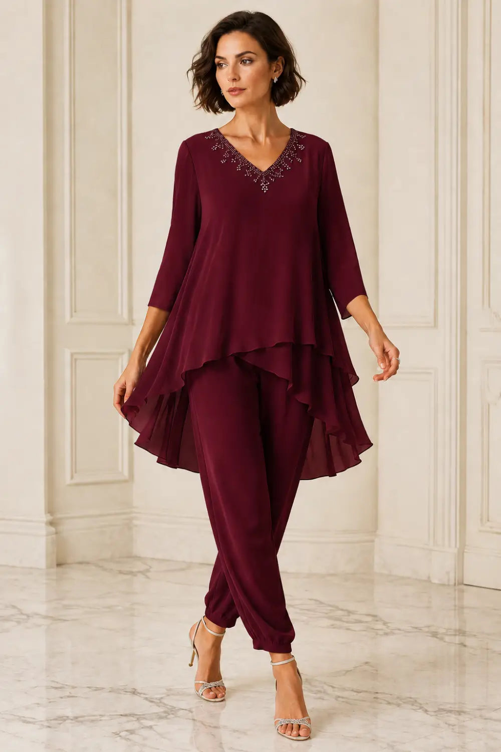 Ruffled Layered Chiffon Capelet Pant Suit