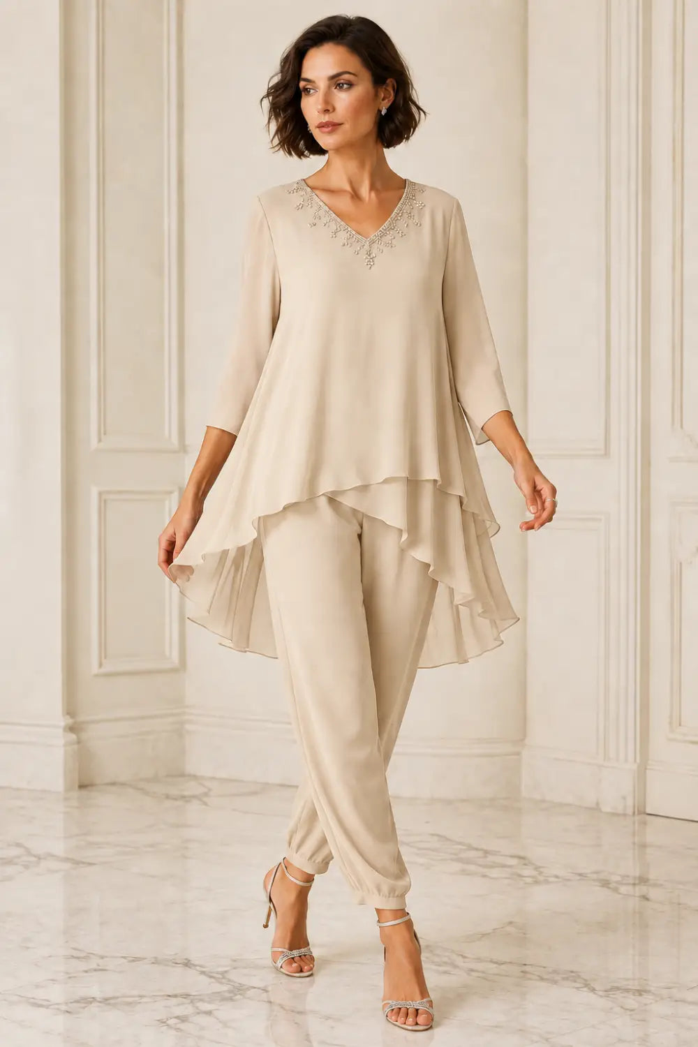 Ruffled Layered Chiffon Capelet Pant Suit