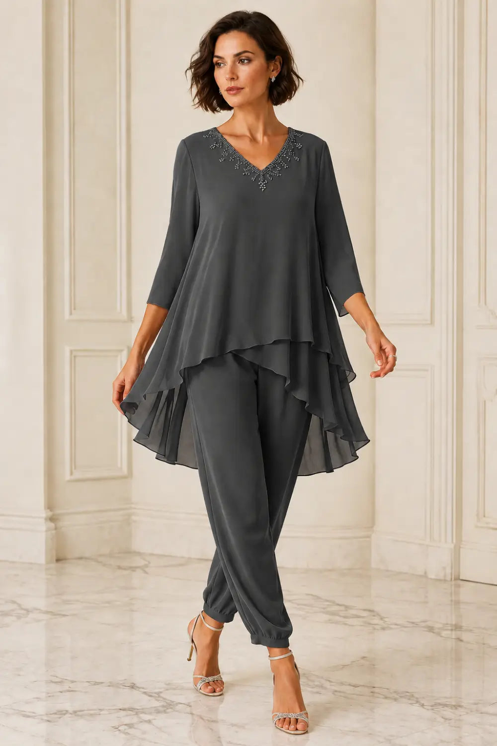 Ruffled Layered Chiffon Capelet Pant Suit