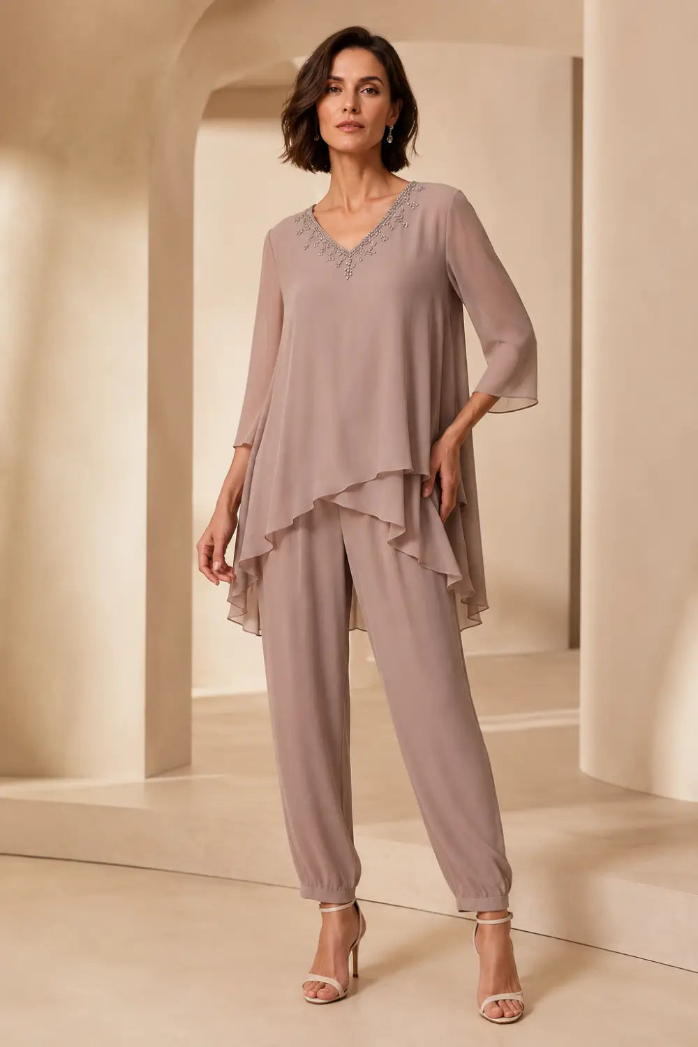 Ruffled Layered Chiffon Capelet Pant Suit
