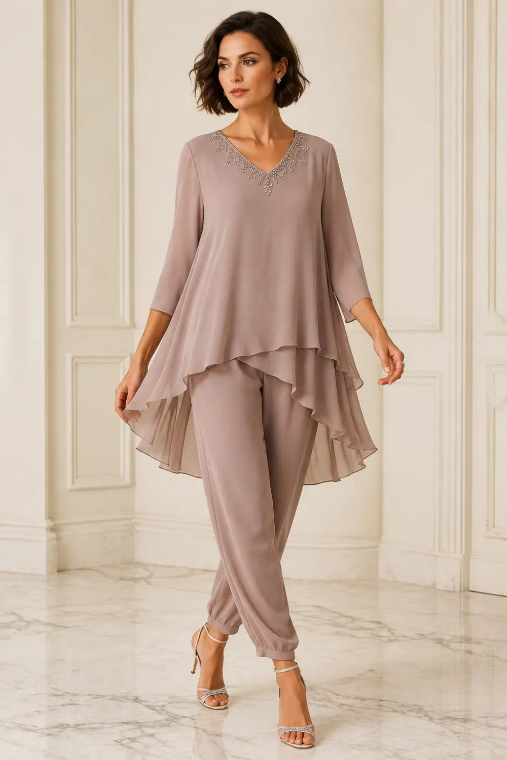 Ruffled Layered Chiffon Capelet Pant Suit