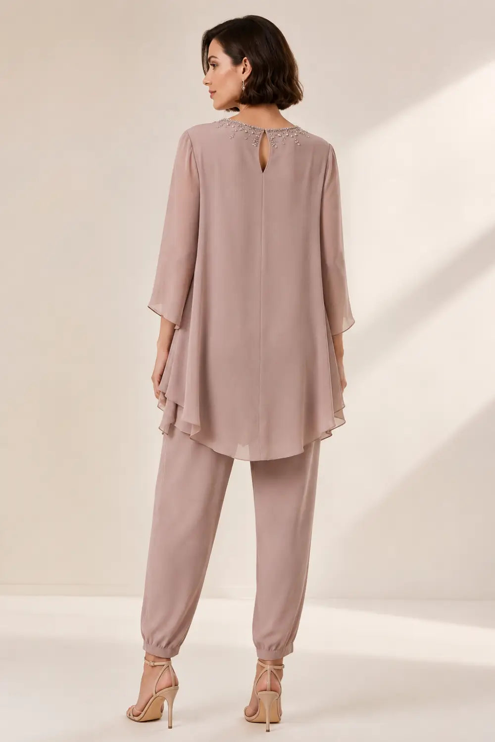 Ruffled Layered Chiffon Capelet Pant Suit