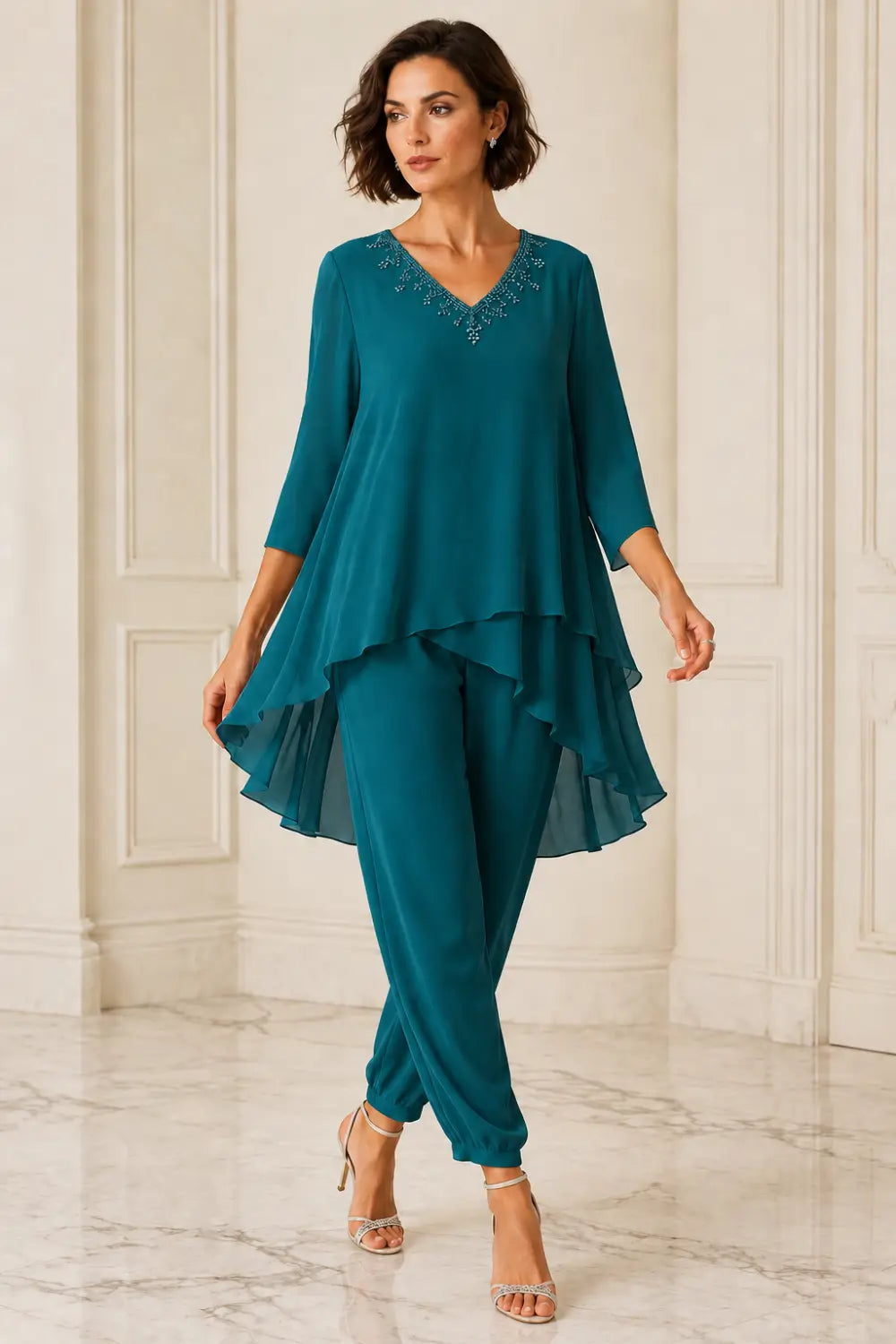 Ruffled Layered Chiffon Capelet Pant Suit