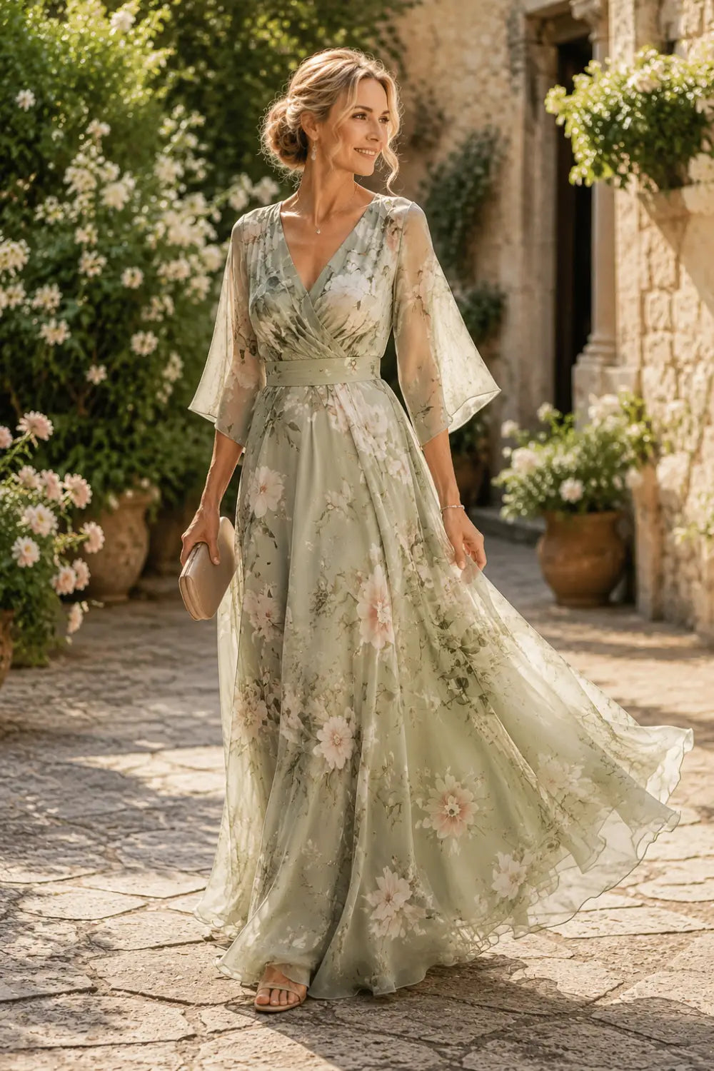 Sage Floral V-Neck Bell-Sleeve Chiffon Maxi Dress