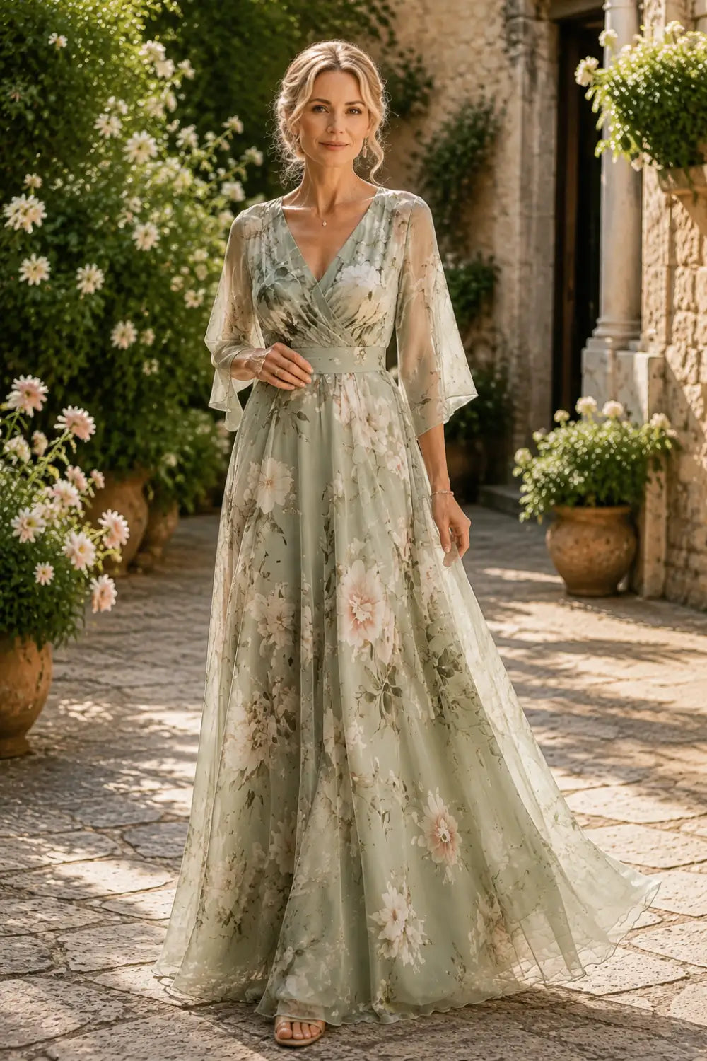 Sage Floral V-Neck Bell-Sleeve Chiffon Maxi Dress