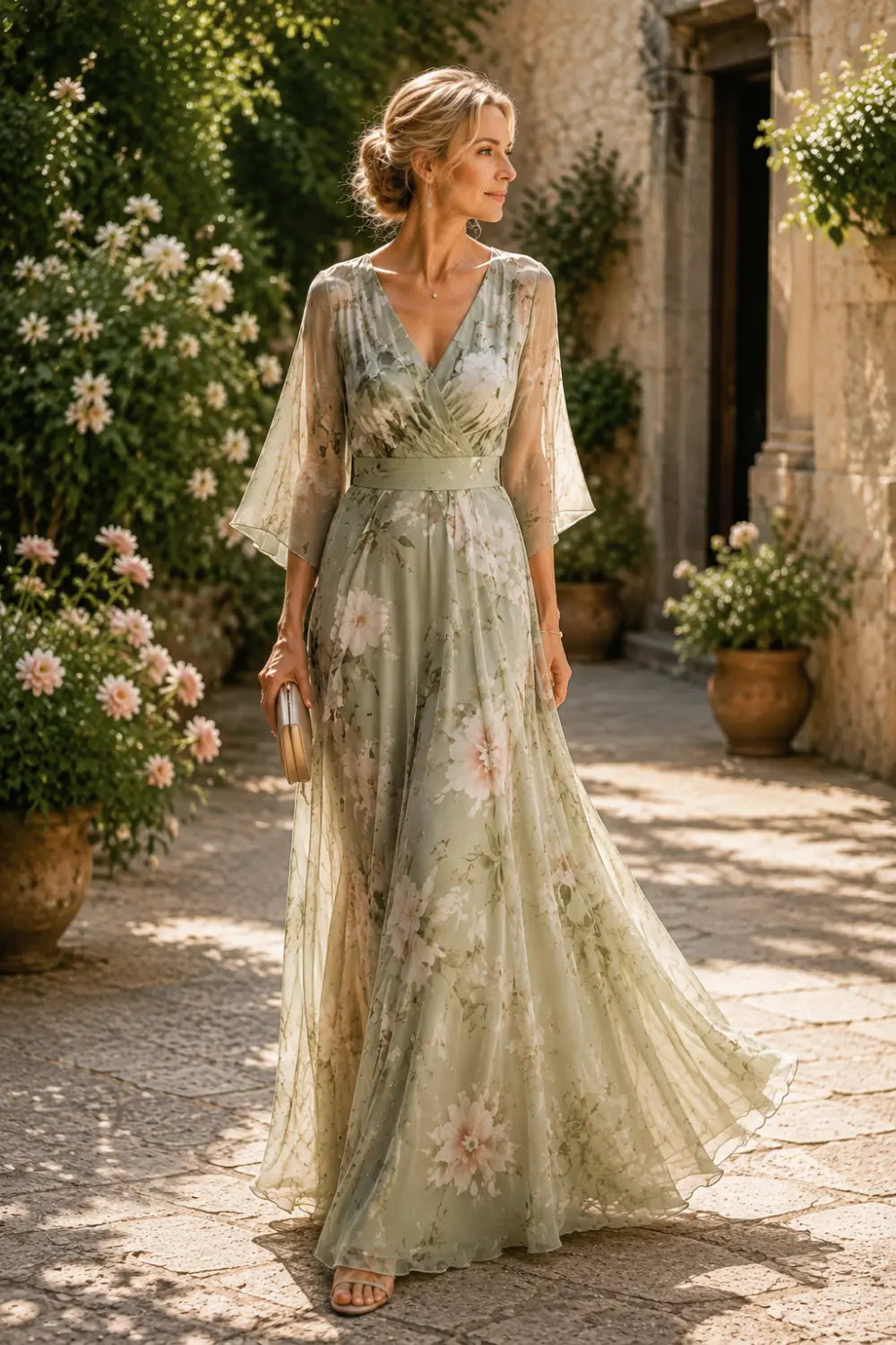 Sage Floral V-Neck Bell-Sleeve Chiffon Maxi Dress