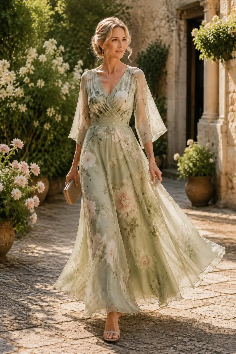 Sage Floral V-Neck Bell-Sleeve Chiffon Maxi Dress