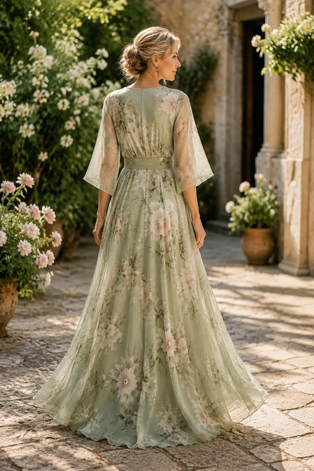 Sage Floral V-Neck Bell-Sleeve Chiffon Maxi Dress
