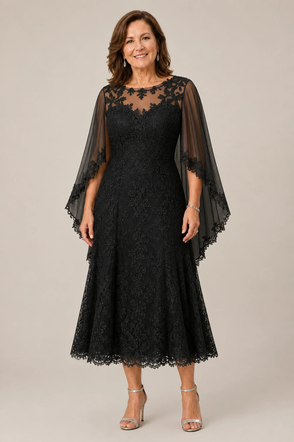 Scalloped Floral Lace Midi Dress with Cape Sleeves