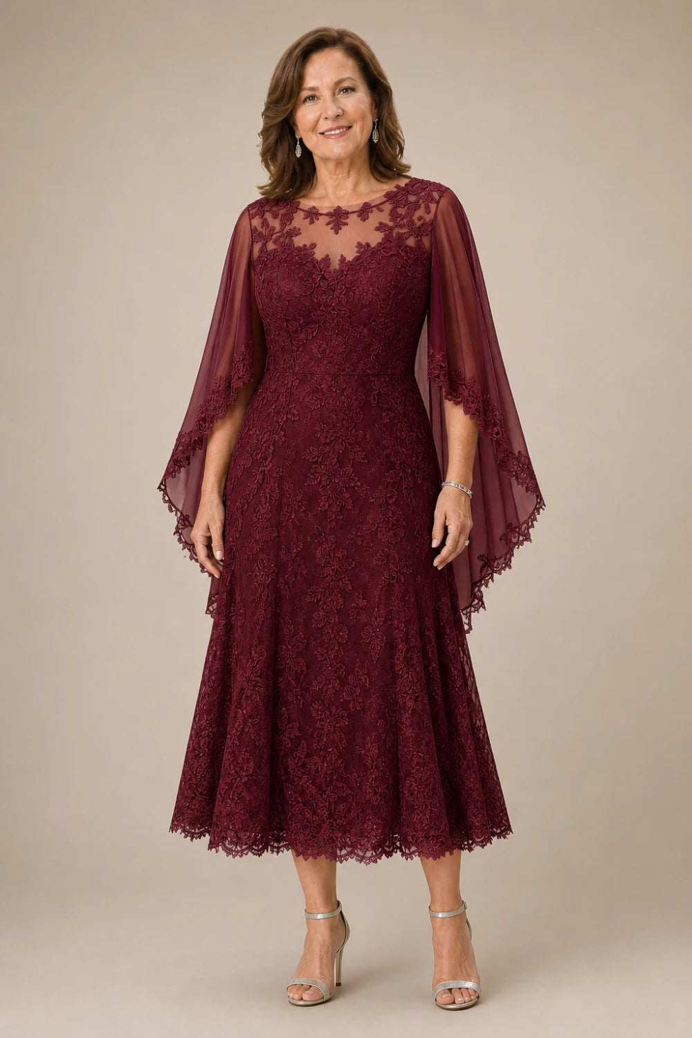 Scalloped Floral Lace Midi Dress with Cape Sleeves