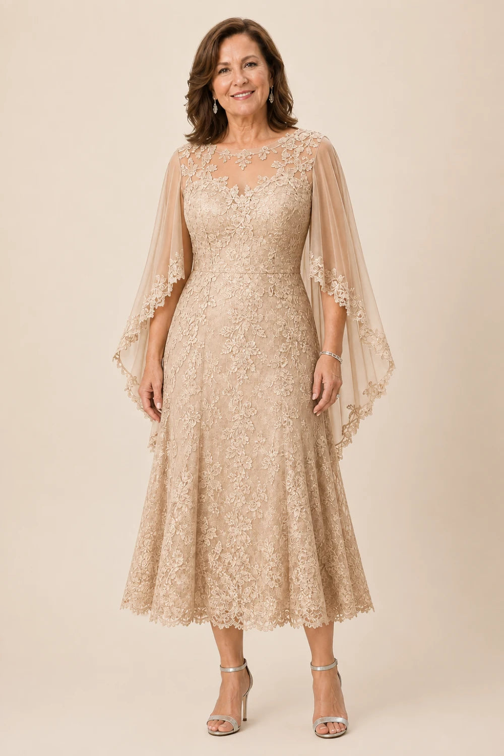 Scalloped Floral Lace Midi Dress with Cape Sleeves