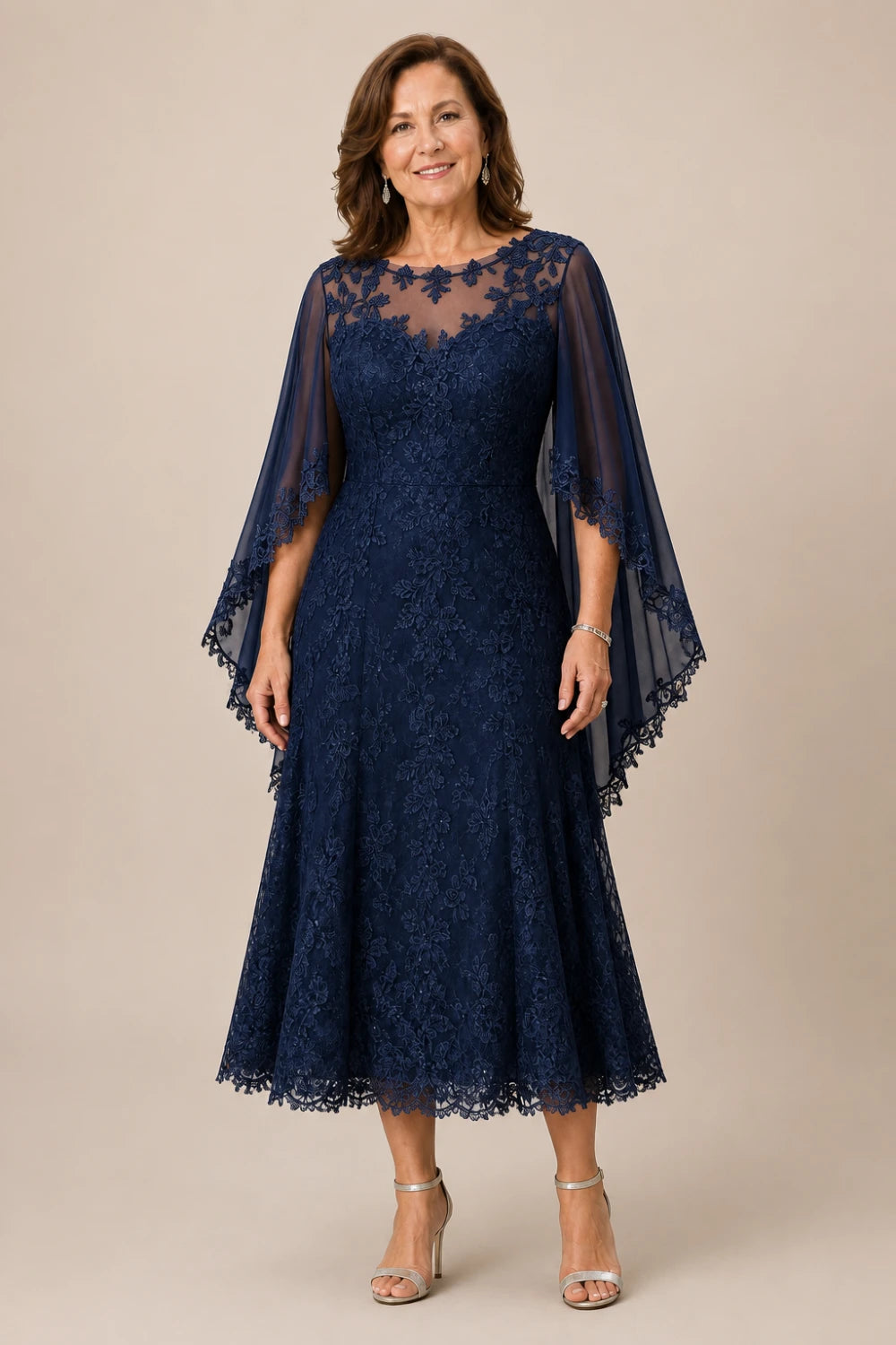Scalloped Floral Lace Midi Dress with Cape Sleeves