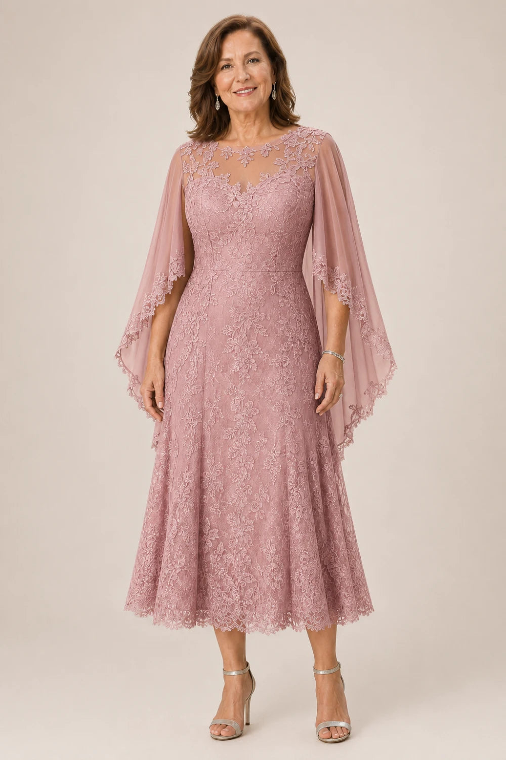 Scalloped Floral Lace Midi Dress with Cape Sleeves