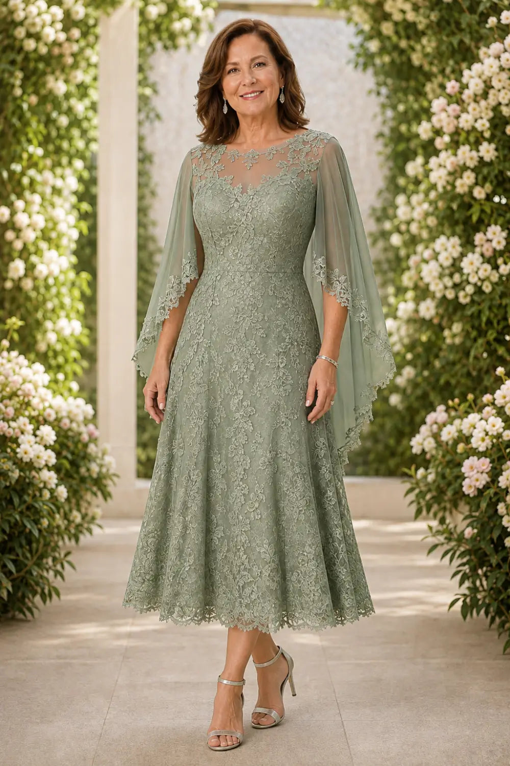 Scalloped Floral Lace Midi Dress with Cape Sleeves