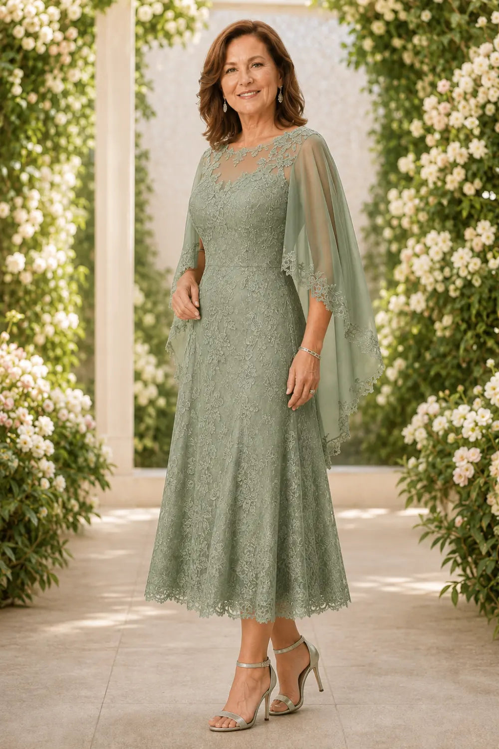 Scalloped Floral Lace Midi Dress with Cape Sleeves