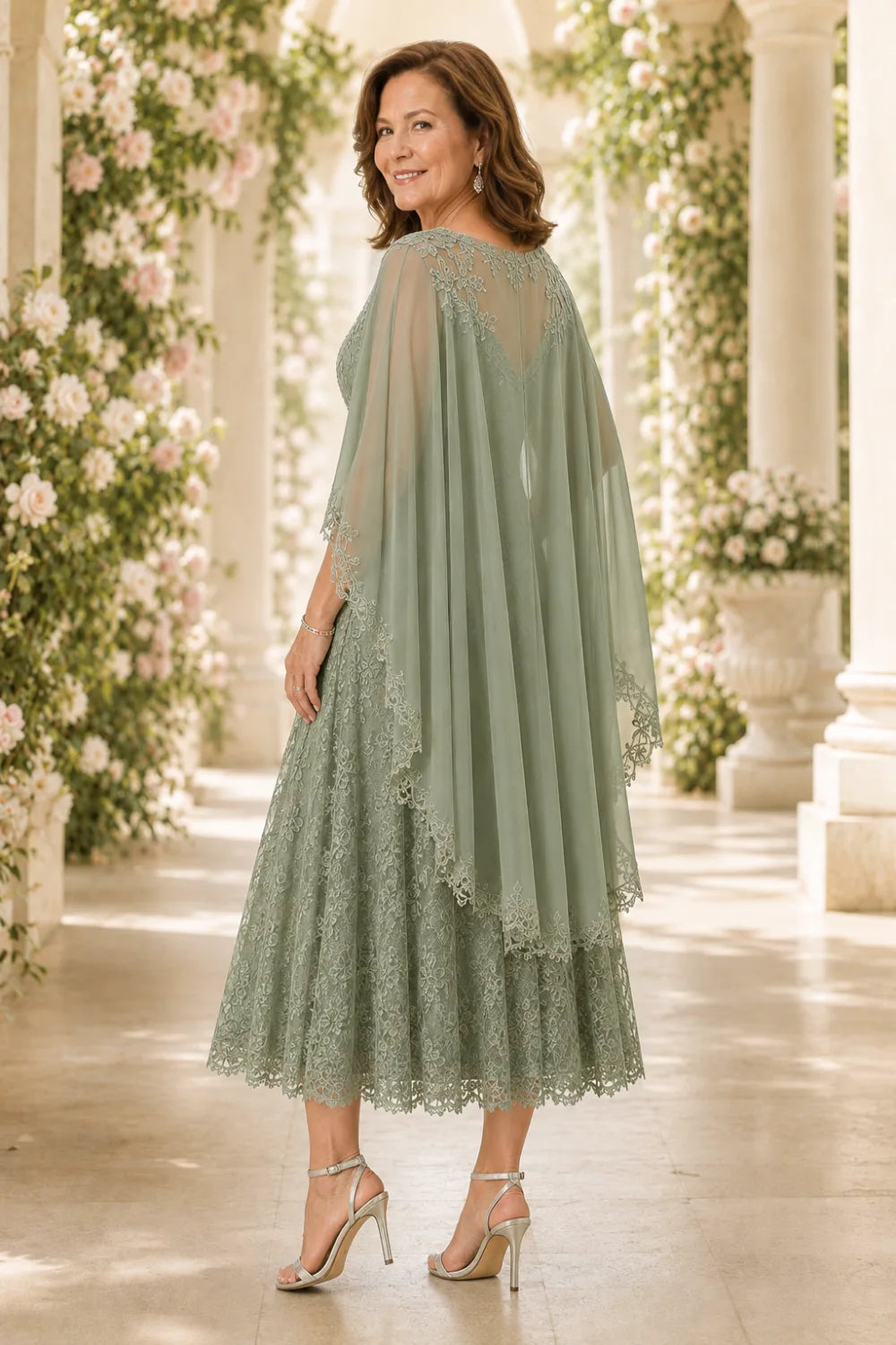 Scalloped Floral Lace Midi Dress with Cape Sleeves