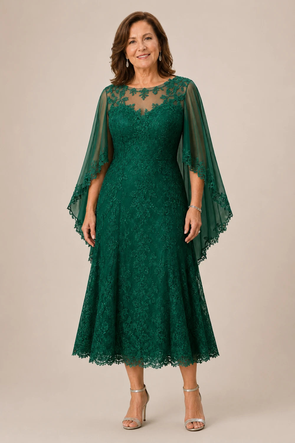 Scalloped Floral Lace Midi Dress with Cape Sleeves