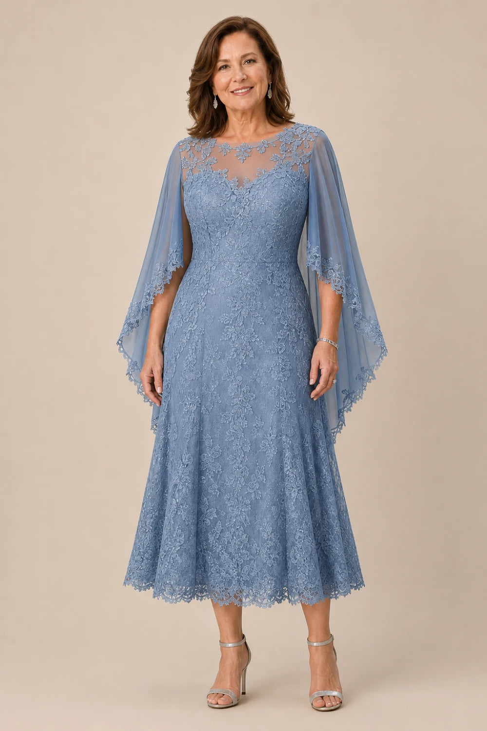Scalloped Floral Lace Midi Dress with Cape Sleeves