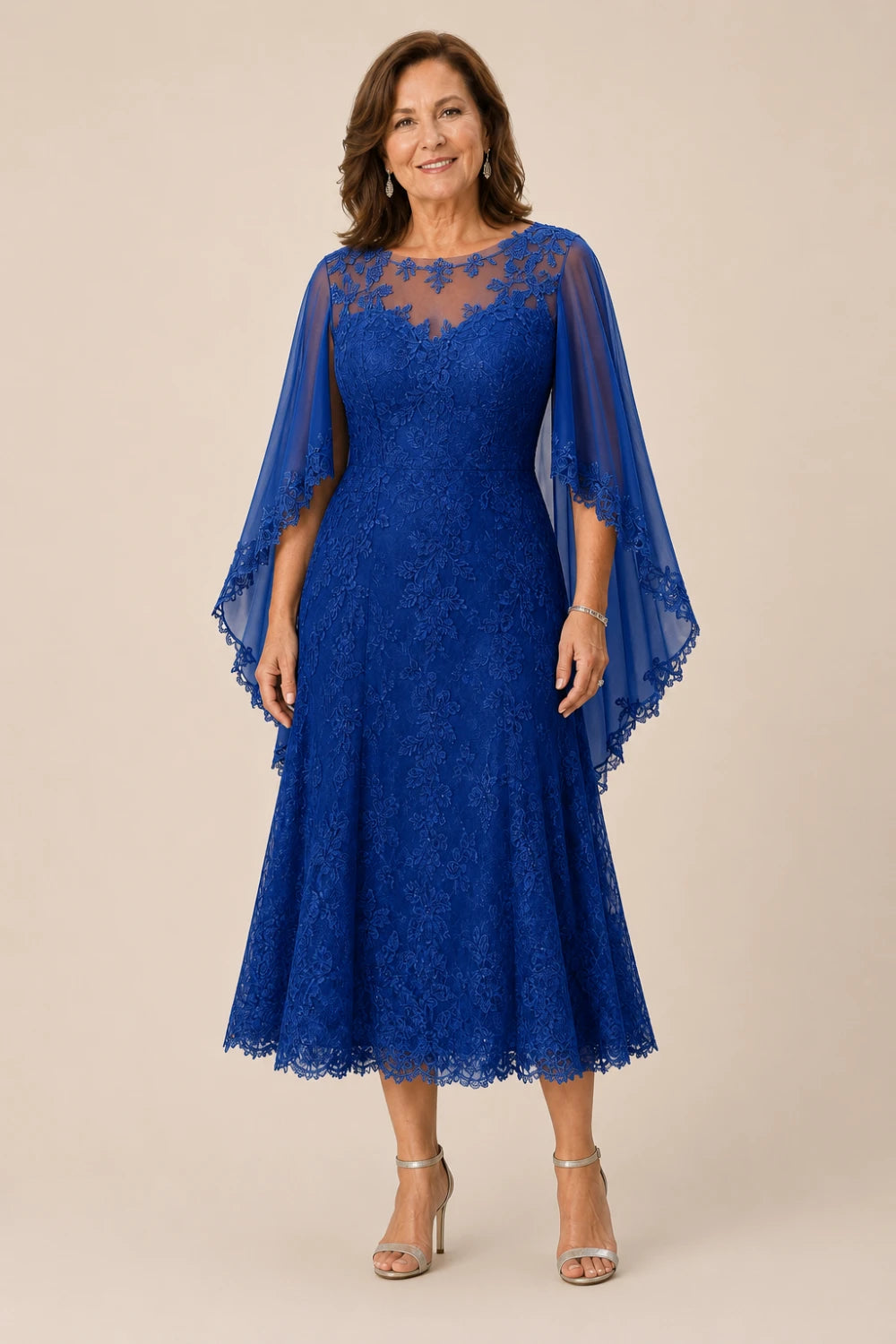 Scalloped Floral Lace Midi Dress with Cape Sleeves
