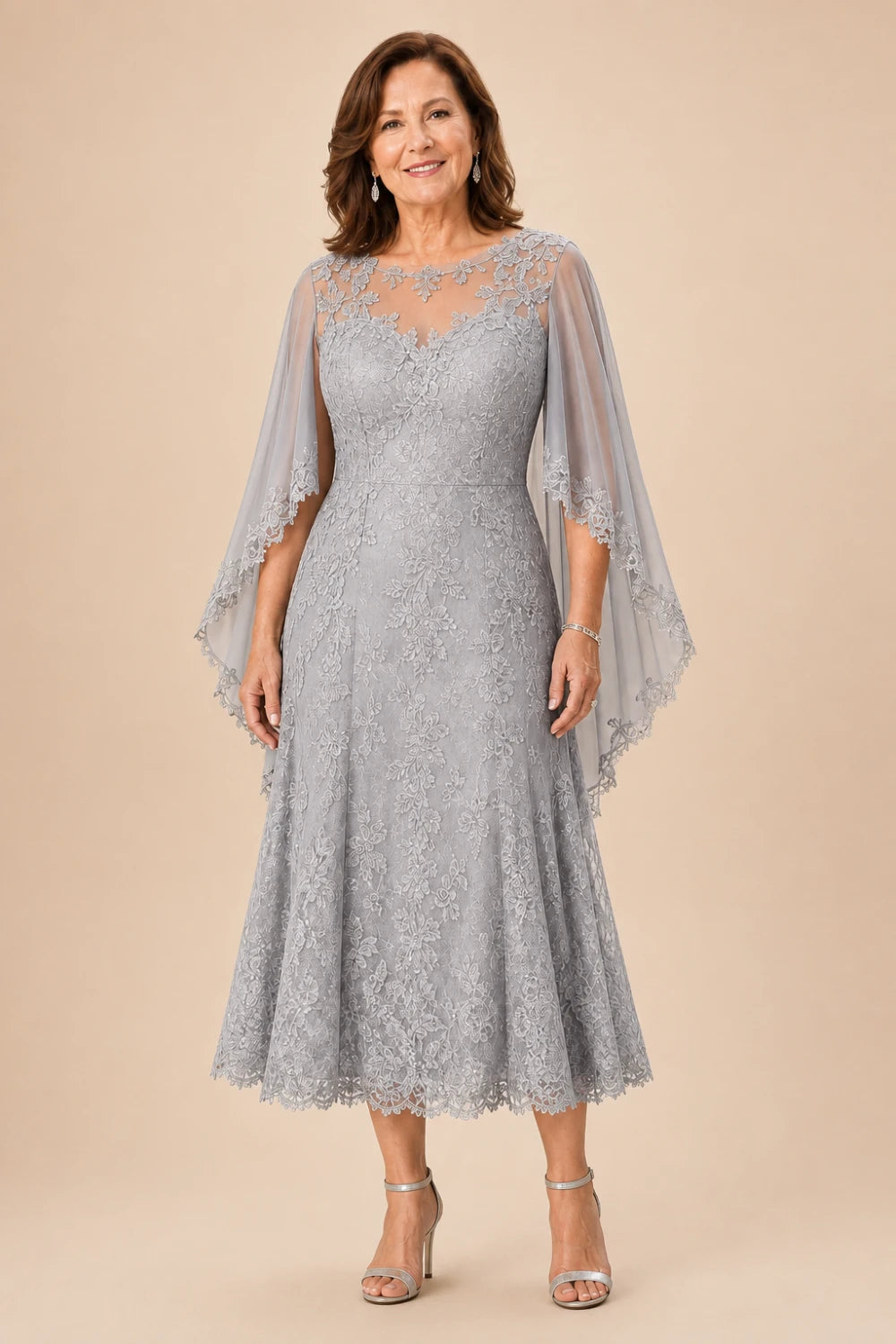 Scalloped Floral Lace Midi Dress with Cape Sleeves