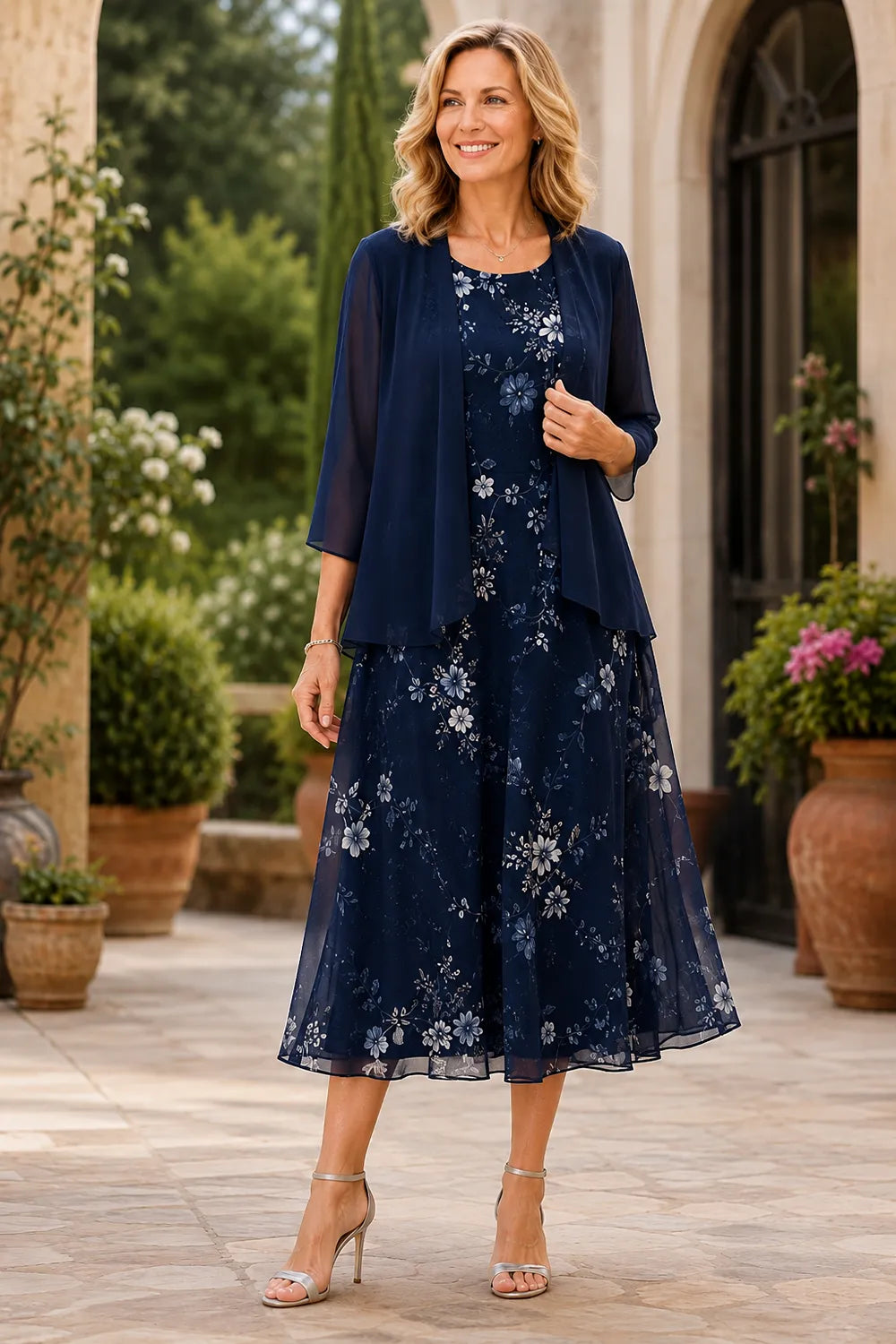 Isabella Floral Chiffon Cape Sleeve Dress
